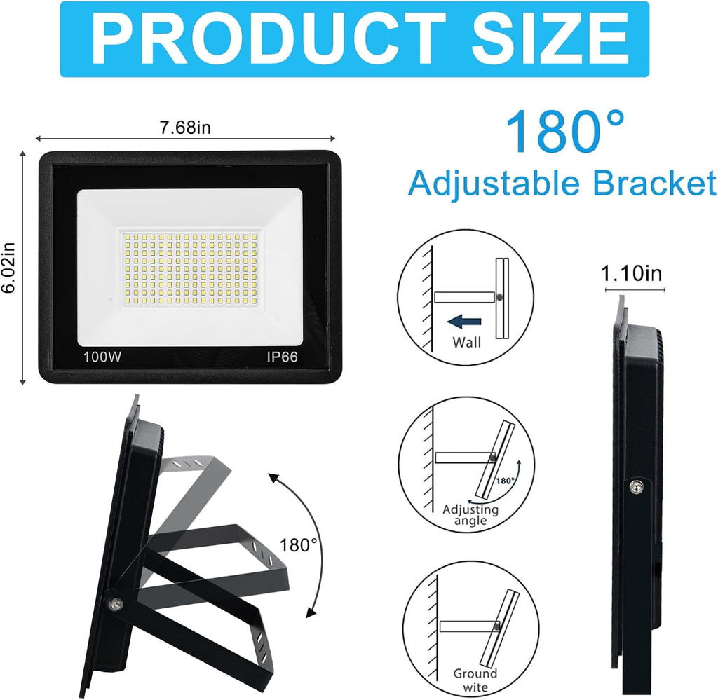 2-Pack 100W LED Flood Light for Yard | IP66 Waterproof Exterior Security Outdoor Flood Light with Plug for