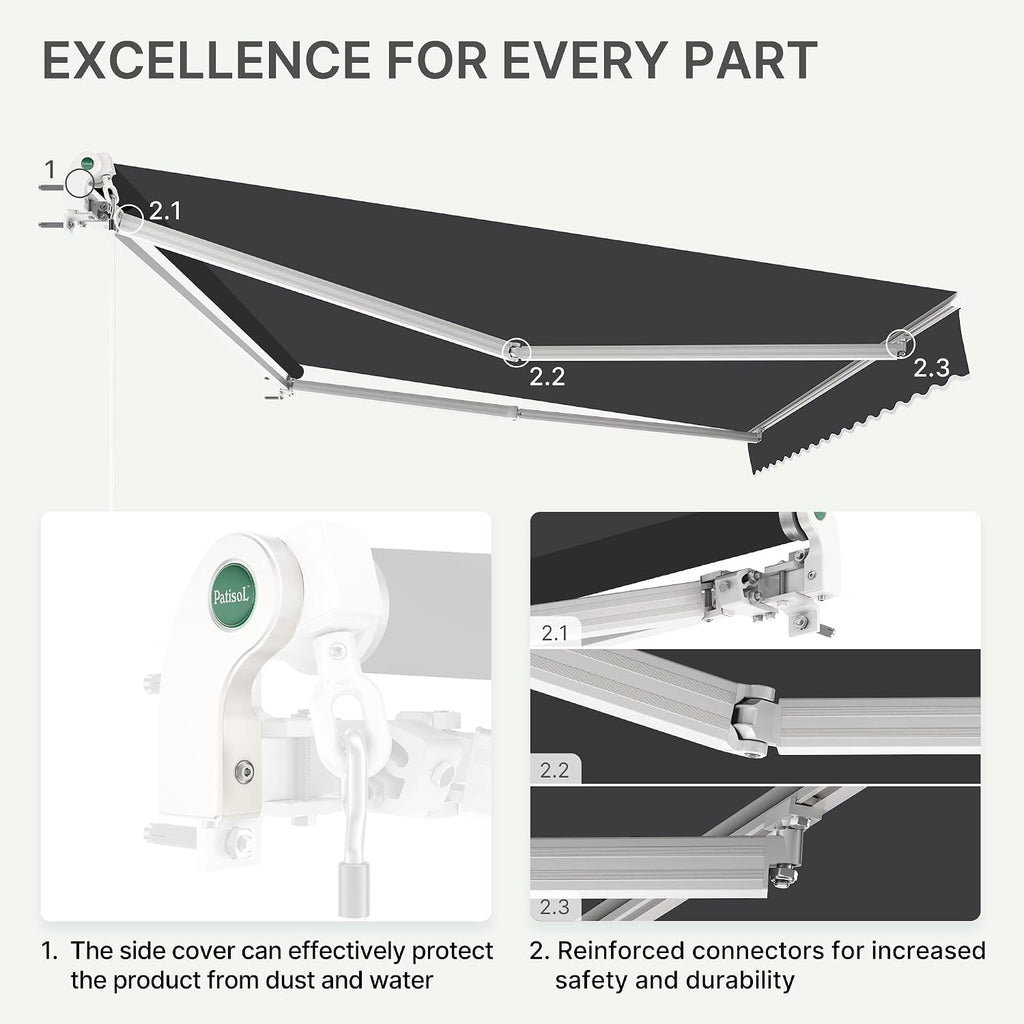 10'x8' Patio Manual Retractable Awning Fully Assembled, Dark Grey | Aluminum Frame, 280G Polyester, Water-Resistant