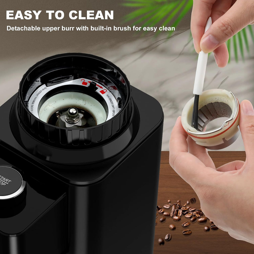 Electric Conical Burr Coffee Grinder with Portafilter Holder, Black | 48 Grind Settings, 35s Timer, Anti-Static, Easy