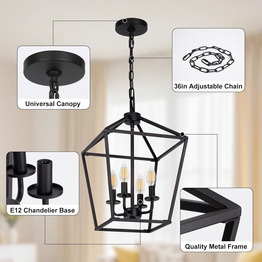 4 Light Chandelier, Industrial Ceiling Light Black Lantern Light Fixtures with Farmhouse Metal Cage Adjustable Height