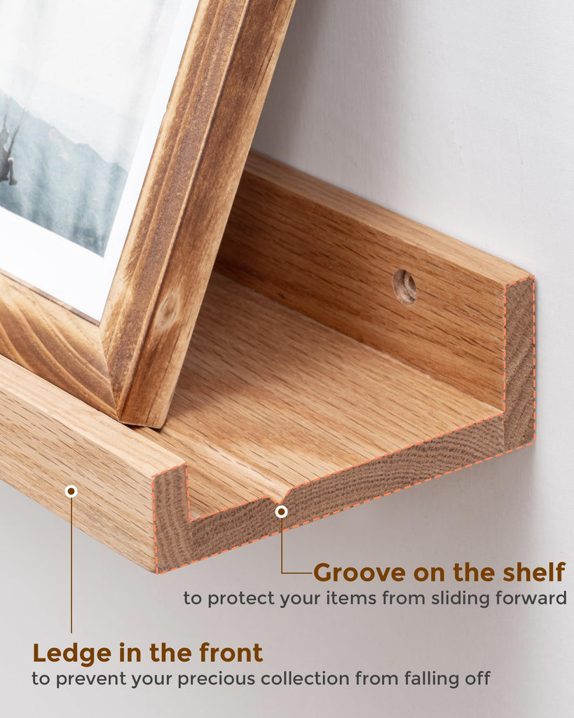 Oak Picture Ledge Shelf, 36 Inch Floating Shelves Set of 2, Solid Oak Wood Wall Shelves with Lip, Wall Decor Storage