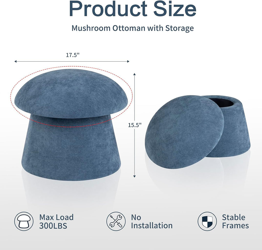 15" Blue Mushroom Ottoman with Storage | Chenille Fabric, Round Foot Rest, Modern Footstool,for Vanity, Bedroom