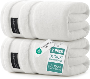 Luxury White Bath Towels Set of 2, 100% Cotton 760GSM Heavyweight Bath Sheets, 31 x 63 Inch Oversized Large Bath