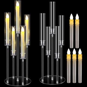 1 Set 5 Arm Acrylic Candelabra Holder Floor Clear Candle Centerpieces with LED Candles and Shade for Proposal