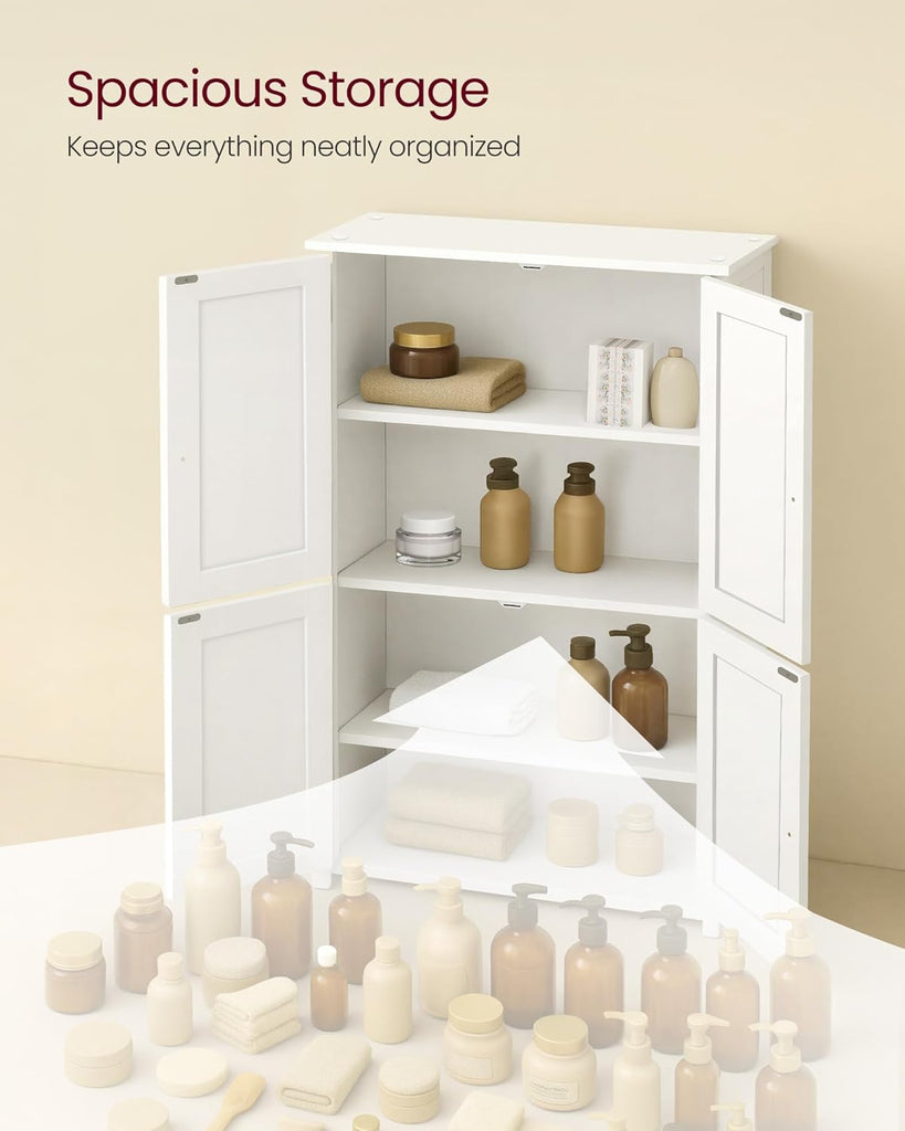 Floor Storage Cabinet, Shaker Cabinet with 2 Adjustable Shelves, 4 Doors, Tall Freestanding Organizer Unit, Bathroom