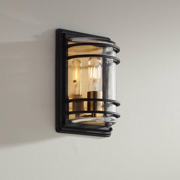 Modern Industrial Wall Light Sconce Black and Brass Hardwire 7 1/2" Fixture Clear Glass Shade for Bedroom Bathroom Bedside Vanity Living Room Home Hallway Dining Kitchen