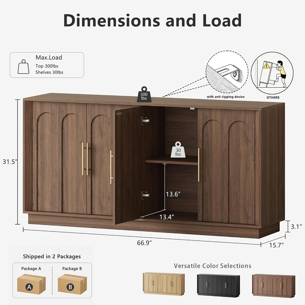67" Sideboard Buffet Cabinet with Storage, Arched Doors, Walnut | Mid Century Modern Accent Cabinet with Wood Gain