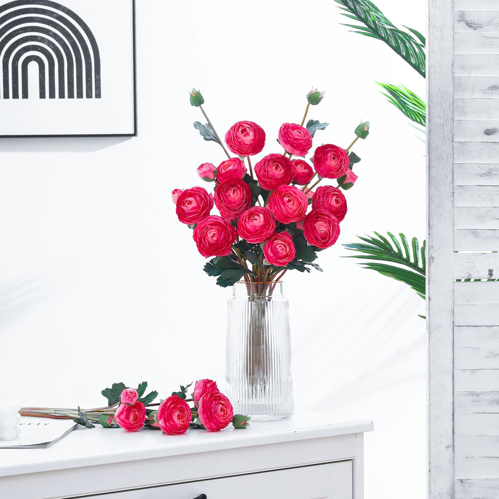 6 Pcs Pink Ranunculus Artificial Flowers, 23.6 in Long Stems