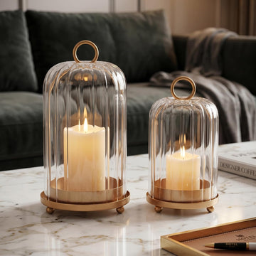 Vintage Brass Metal Candle Lantern with Ribbed Thick Glass Dome - Set of 2 Shabby Chic Style Candle Holders