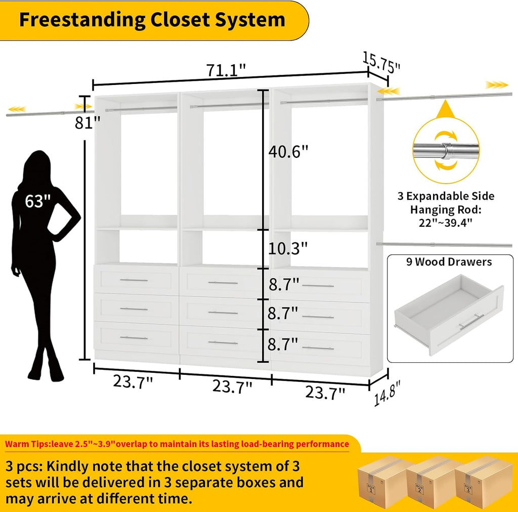 Closet System with 9 Drawers, 6-15FT Closet Systems for Walk in Closets with 6 Expandable Rods & 3 Shelves, Wood