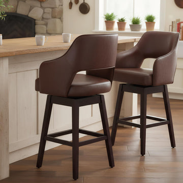 Farmhouse Swivel Counter Stools Set of 2 Island, 27" Barstools with Open Back, PU Leather Upholstered Stool Chair