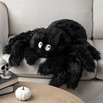 Happy Halloween Spider Shaped Throw Pillow, Faux Fur Fluffy Tarantula Shaped Halloween Cushion Pillow, Black, 22 x 16