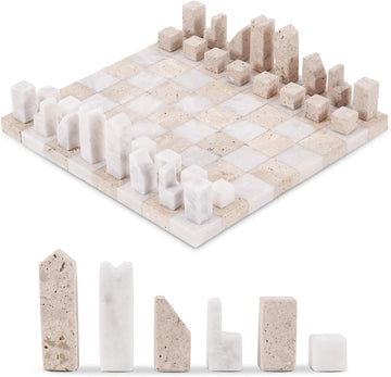 Modern Chess Set - Handcrafted Borderless Marble Chess Board with Minimalist Geometric Pieces, Luxury Decorative