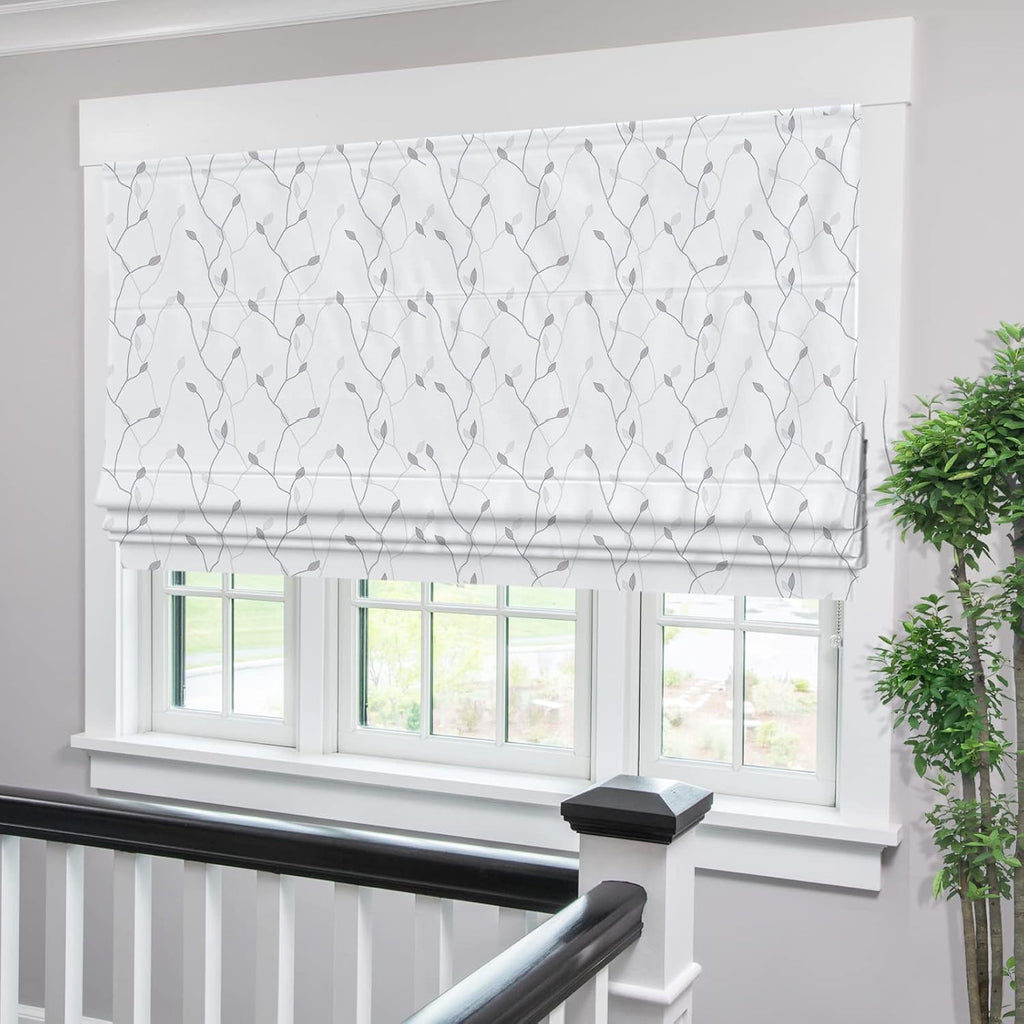 Cordless Roman Shades Window Shades, Grey Brance Leaf Blackout Light Filtering Custom Window Roman Blinds, 10% Linen