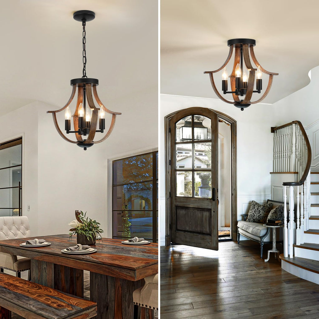 Farmhouse Hanging Pendant Lighting, 4-Light Rustic Flush Mount Ceiling Light Fixture,Modern Faux Wood Vintage