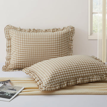 2 Pcs Plaid Ruffle Pillow Case Standard, Taupe Plaid Pillow Shams