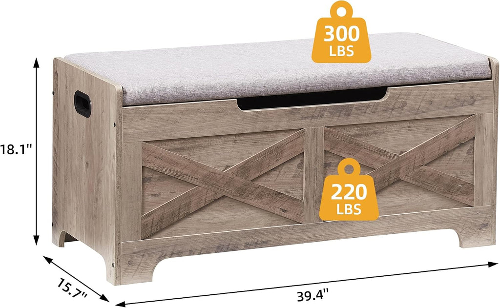 Storage Chest, Farmhouse Storage Trunk, Wooden Entryway Storage Bench with Safety Hinge and Lift-Top , Grey