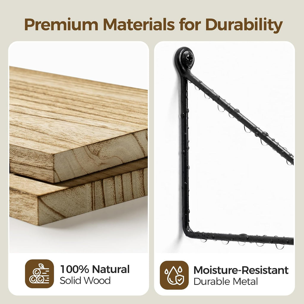 Rustic Floating Shelves for Wall, Wood Shelf with Brackets, Set of 2 | Solid Wood and Metal, Hanging Bookshelf