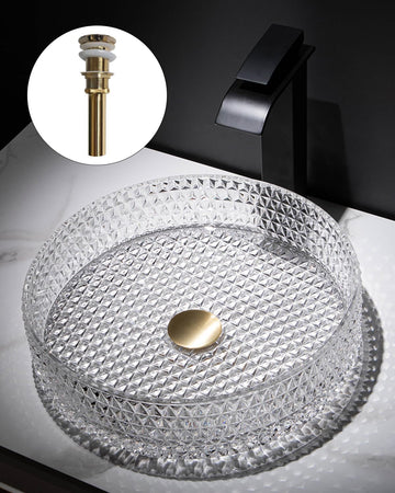 Bathroom Vessel Sink Round Vessel Sink 15.35" x 4.33" Transparent Diamond Shaped Crystal Glass Bathroom Sink