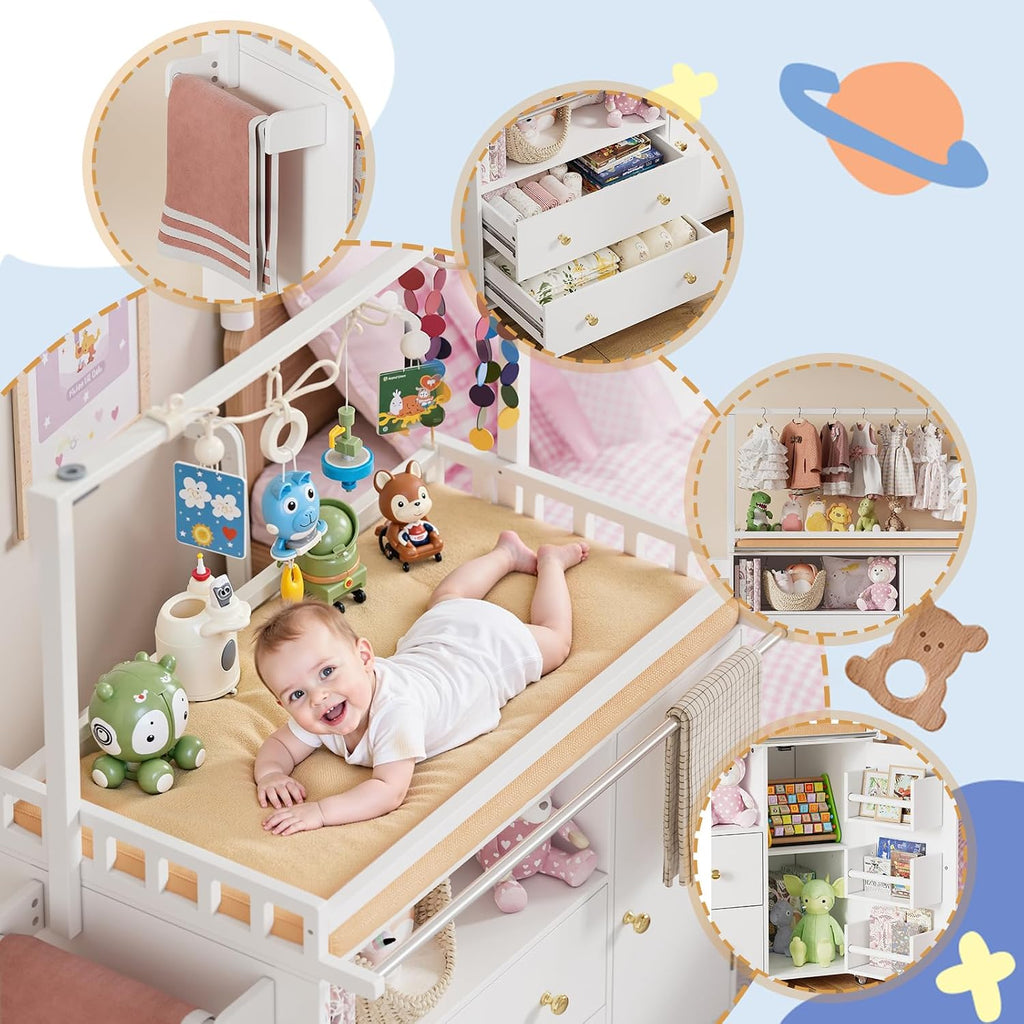 Baby Changing Table, Infant Diaper Changing Station with Wheels & Wide Table Top & Clothes Rail, Baby Changing Table