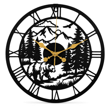 Metal Bear Wall Clock, Rustic Cabin Wall Clock, Mountain Wall Clock, Woodland Decor, Roman Numeral Wall Clock