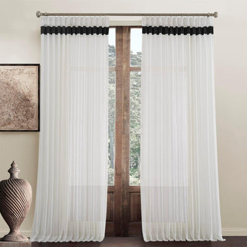 Window Sheer Curtains, White with Black Border Semi Pinch Pleated Sheer Curtains Panels Drapery