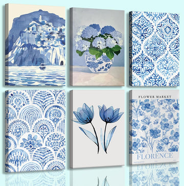 6Pcs Blue coastal Canvas Wall Art Flowers Aesthetic Wall Decor Hydrangeas Pictures painting Trendy Minimalist Prints