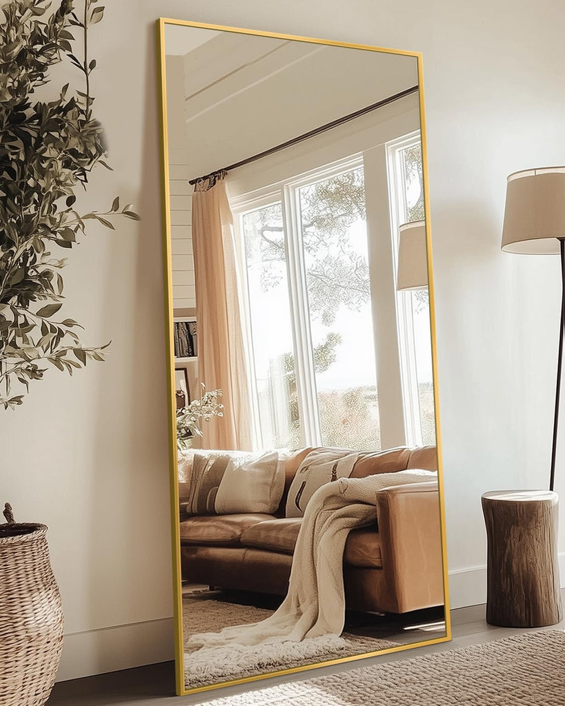 Full Length Mirror, 58"x21" Floor Mirror with Stand, Hanging Mounted Mirrors , Cloakroom, Dining Room, Gold, Rect