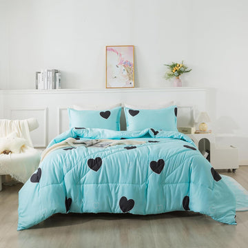 Love Pattern Girls Comforter Set, Sky Blue Cute Love Heart Print Comforter Bedding Set for All Seasons
