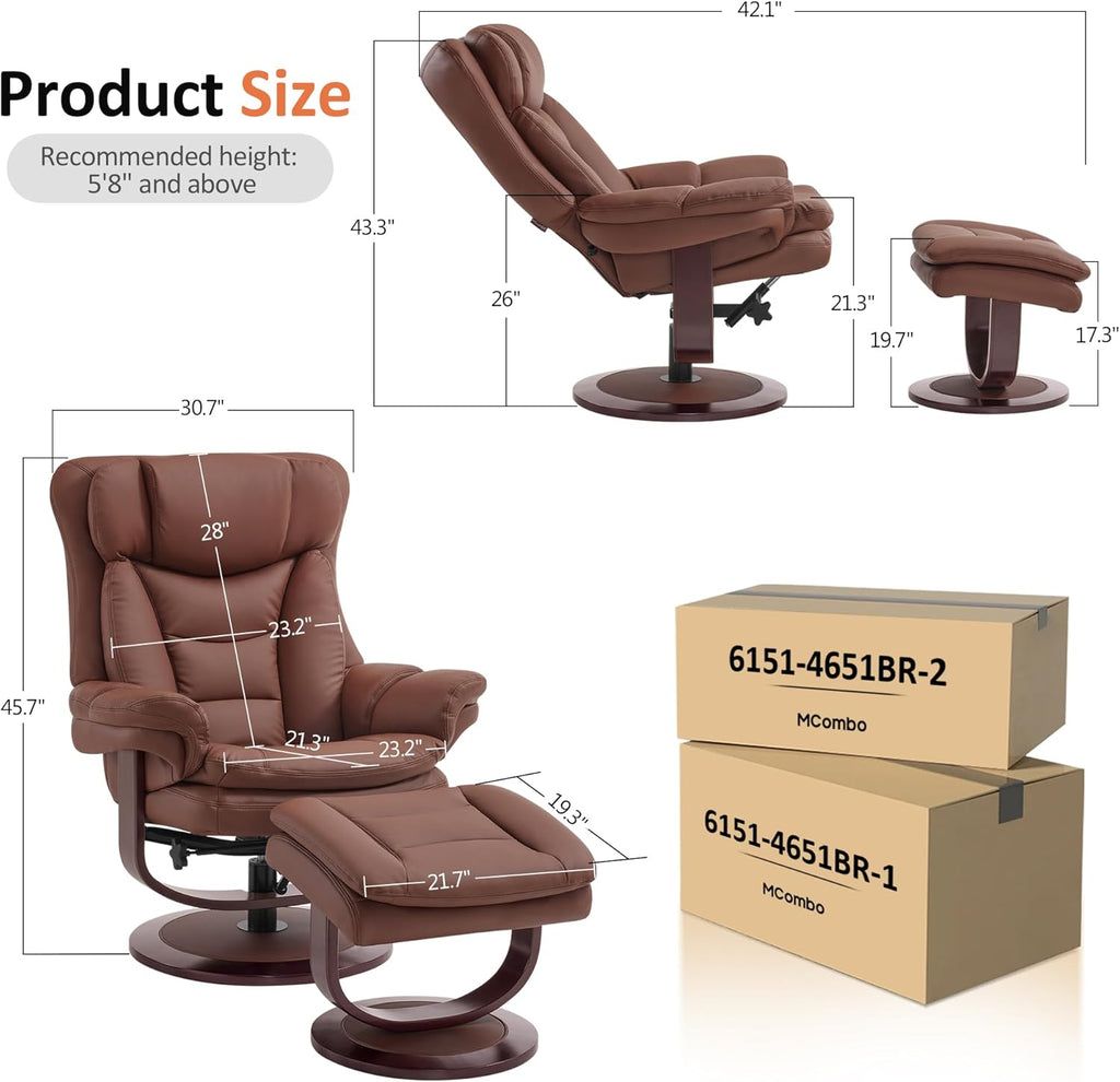 Modern Reclining Swivel Lounge Chair and Ottoman — Brown Faux Leather