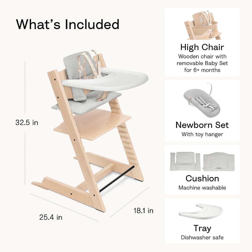 Tripp Trapp High Chair with Tray + Cushion, Natural Nordic Grey | Includes Chair, Baby Set, Removable Harness, Tray