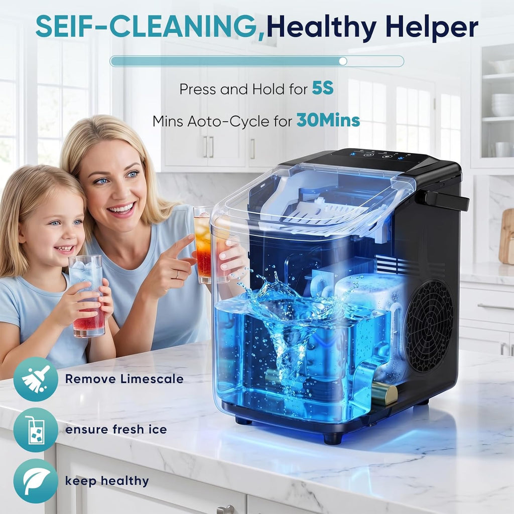 Ice Maker Countertop, Ice Machine with Portable Handle, Basket and Scoop, 26lbs Daily, 9 Bullet Cubes in 6~8 Mins