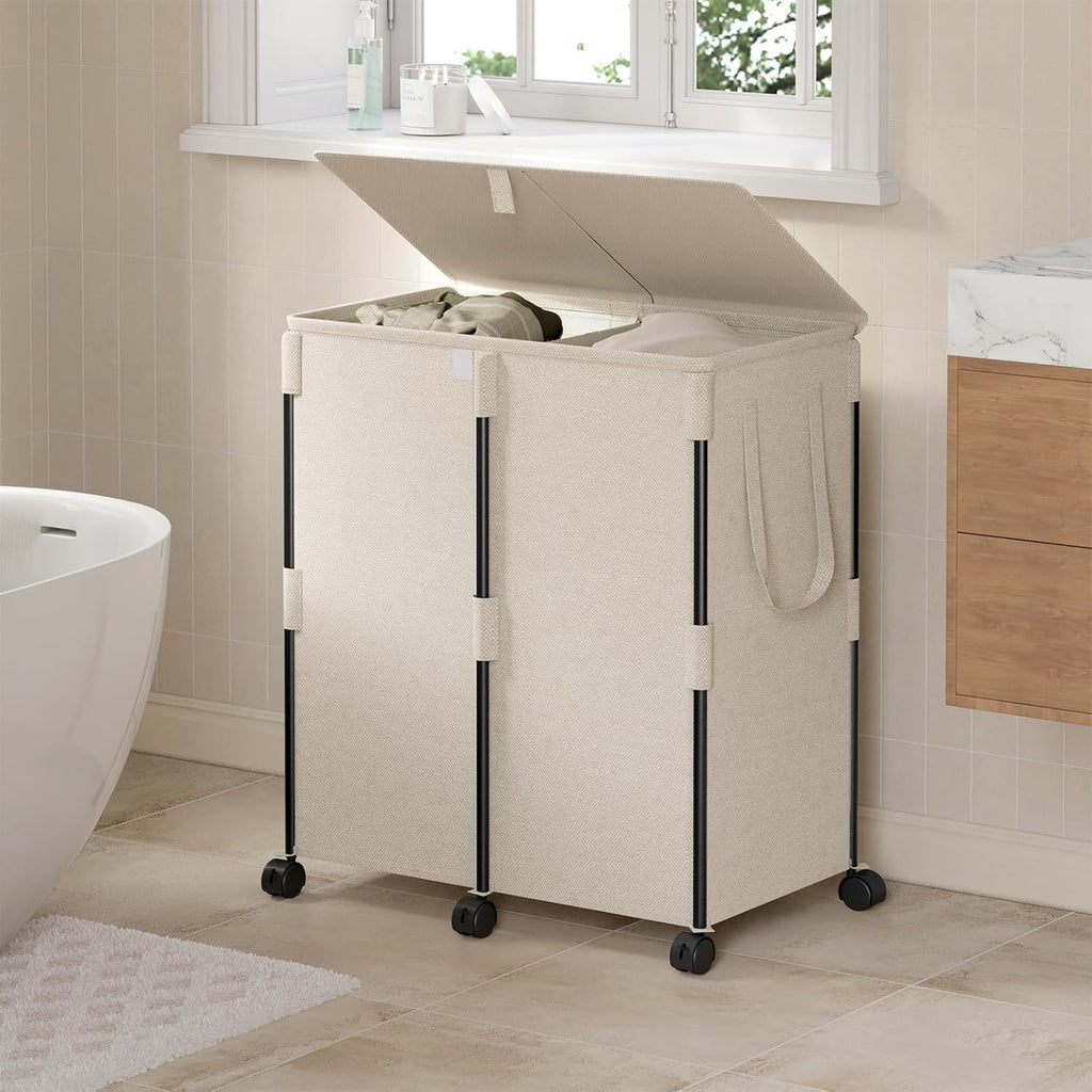 140L Double Laundry Hamper with Lid and 6 Wheels, Rolling Laundry Basket | Metal Frame Laundry Sorter 2 Section with