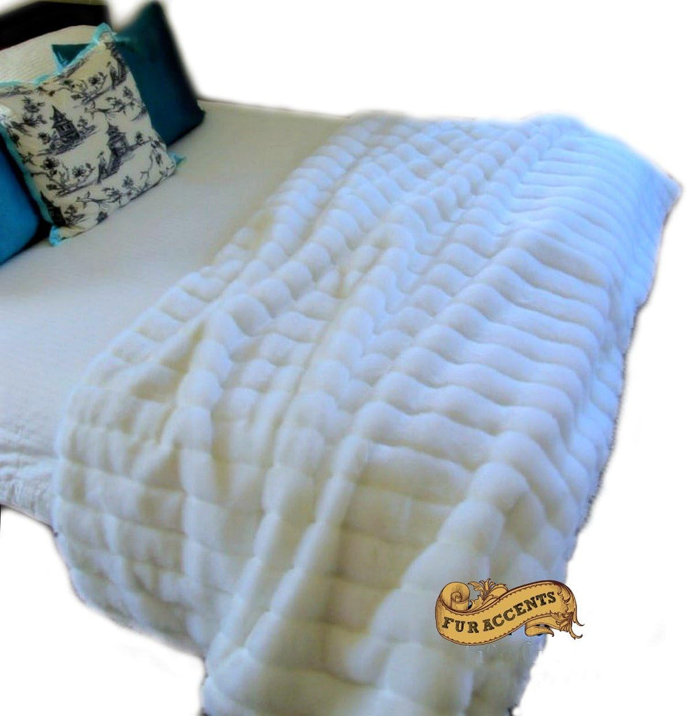 Plush Channel Mink Faux Fur Throw Blanket with Minky Cuddle Fur Lining Ribbed Mink Luxury Fur (4'x5', Snow White)