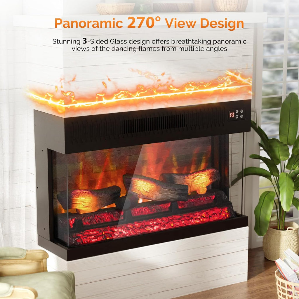 28 Inch 3-Sided Glass Electric Fireplace Insert, Electric Fireplace Heater with Remote Control
