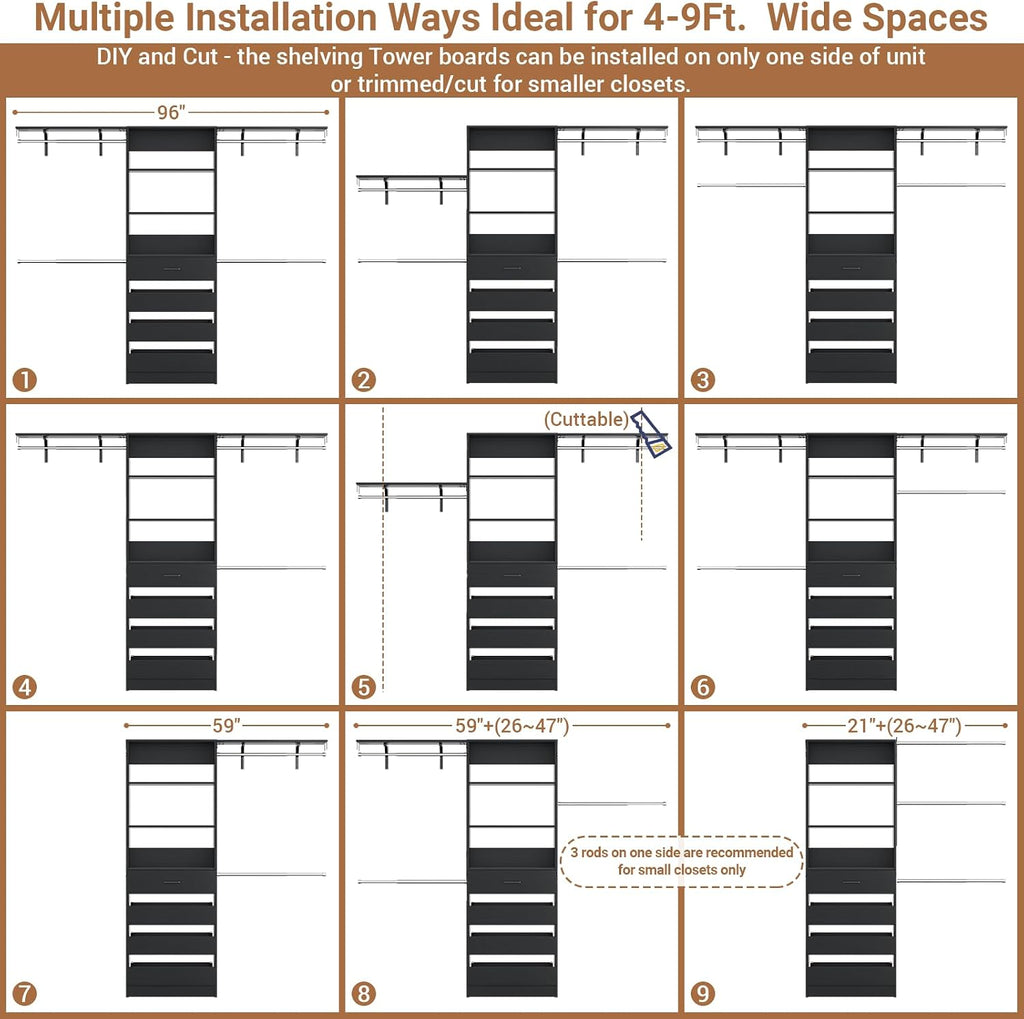 Closet System with 4 Drawers, 8FT Wood Closet Organizer System, 96'' Walk-in Closet Wardrobe with Tower, 4 Hang Rods