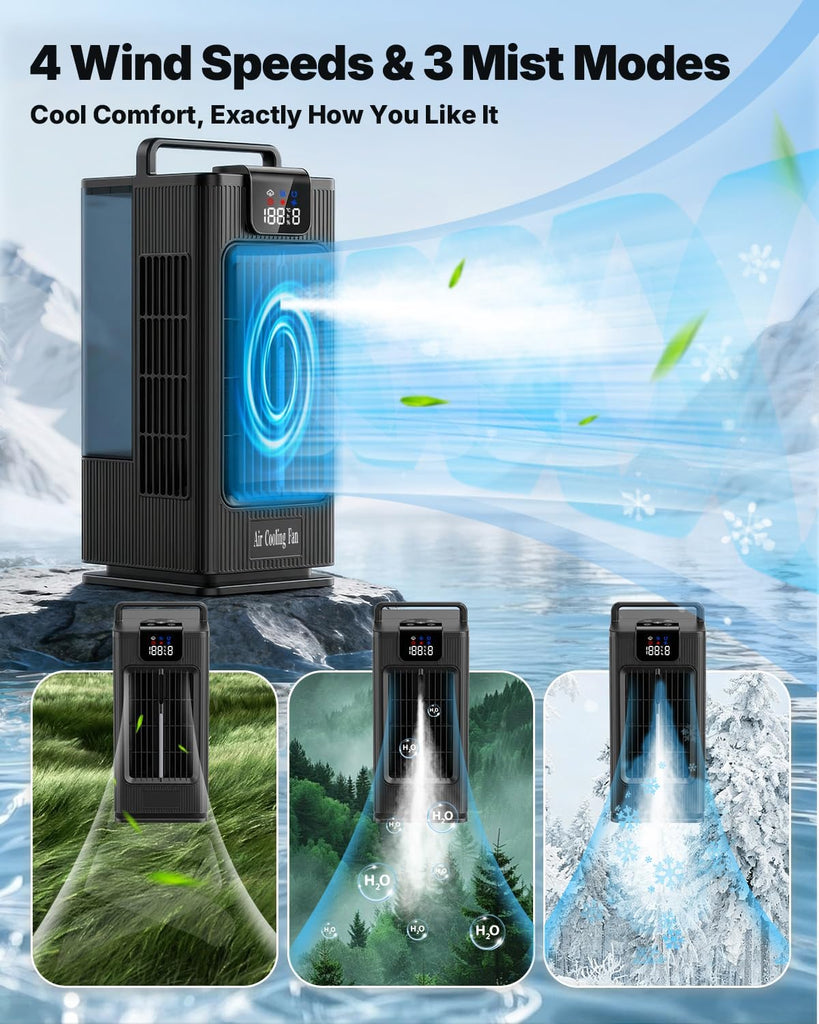 Mini Portable Air Conditioner Cooler: 2000ml Air Cooling Fan with 120°Oscillating - 3 Mist Modes & 4 Speeds