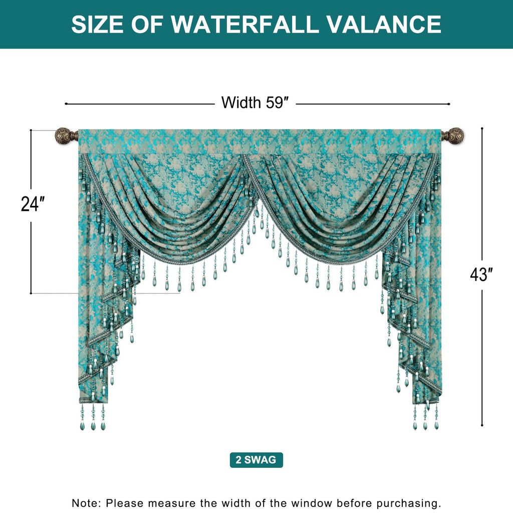 Victorian Damask Jacquard Waterfall Valance, 59 x 43, Teal Blue