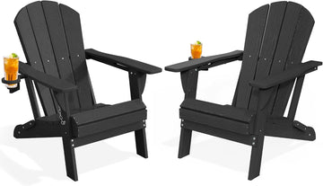 Adirondack Chair Set of 2, Fire Pit Chairs with Cup Holder, Black | Wood-Grain Fade-Proof, Ergonomic, Foldable