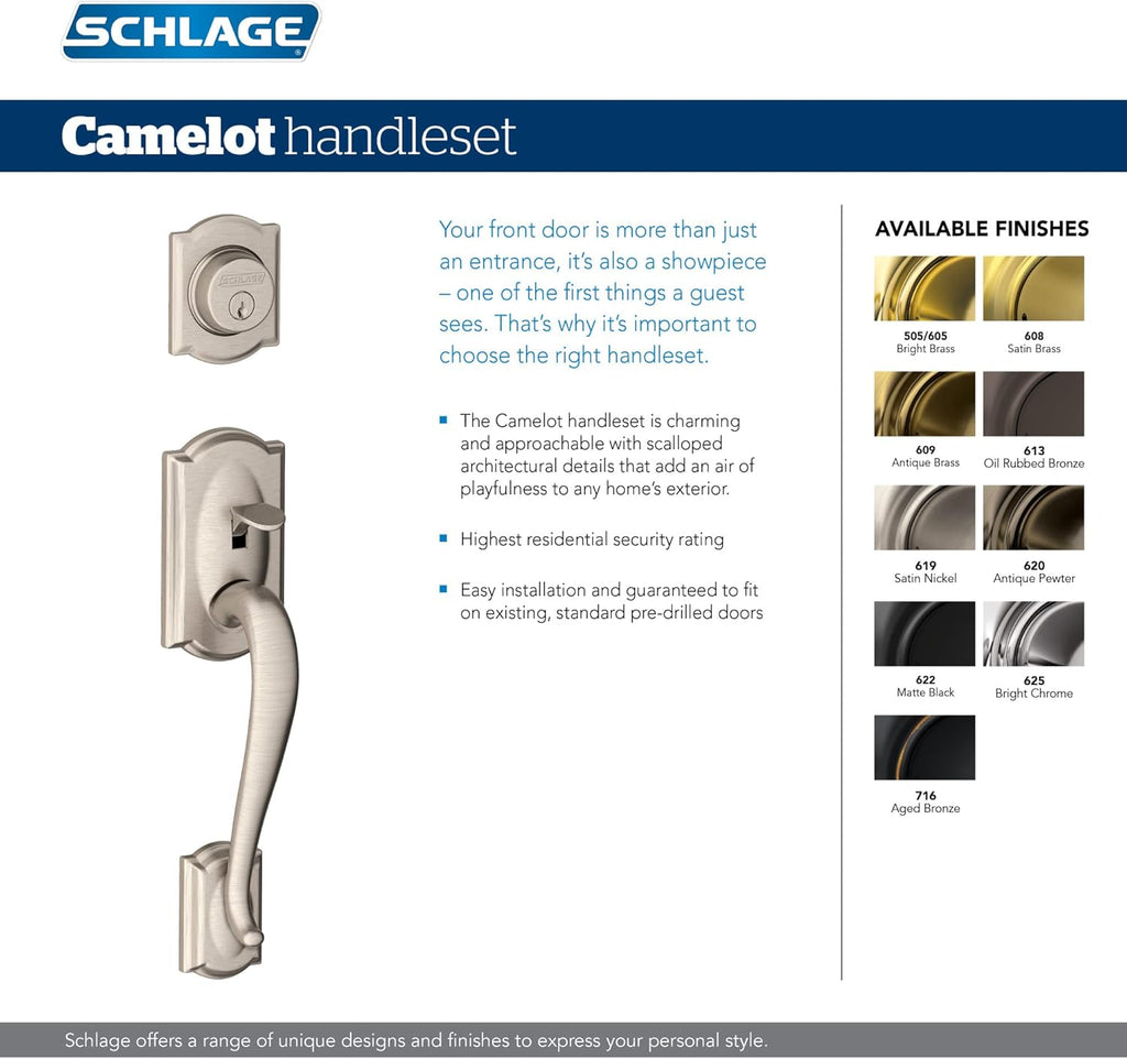 F60 V CAM 619 ACC Camelot Front Entry Handleset with Accent Lever, Deadbolt Keyed 1 Side, Satin Nickel - Door Handleset