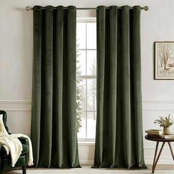 Olive Velvet Blackout Curtains Green 52 x 90 Inch Length 2 Panels