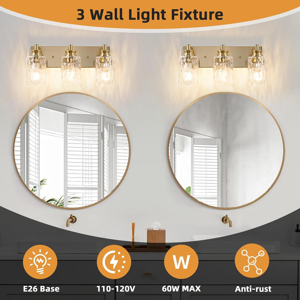 3 Light Bathroom Vanity Light Modern Brushed Gold Bathroom Light Fixtures Over Mirror with Hammered Glass Lampshade