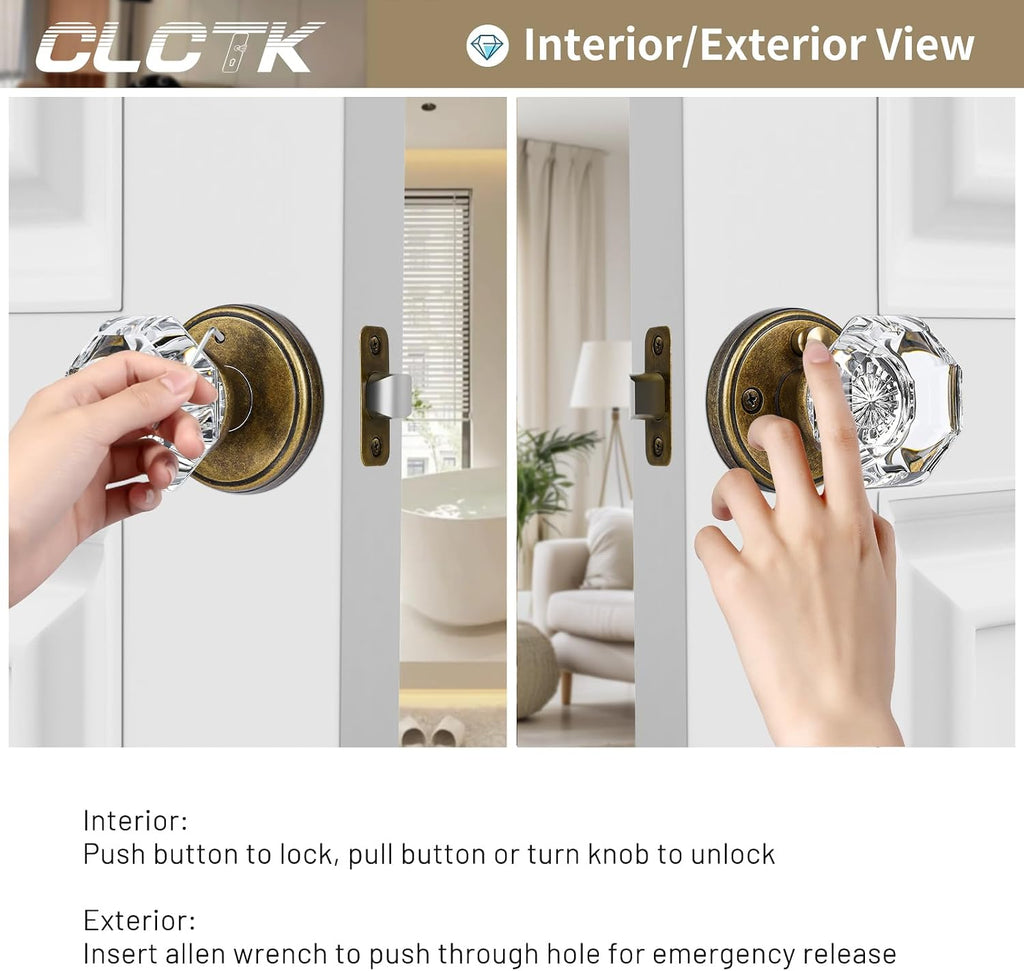 Glass Door Knobs Interior with Lock, Vintage Crystal Privacy Antique Brass Octagon Door Knobs Bathroom, 1 Pack