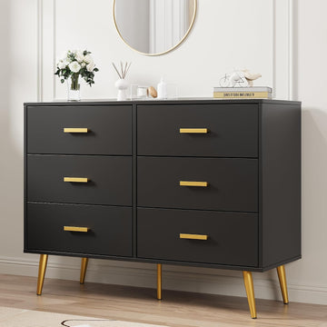 6 Drawer Dresser, Chest of Drawers with Gold Handles, Black | Wooden Modern Deep Drawers