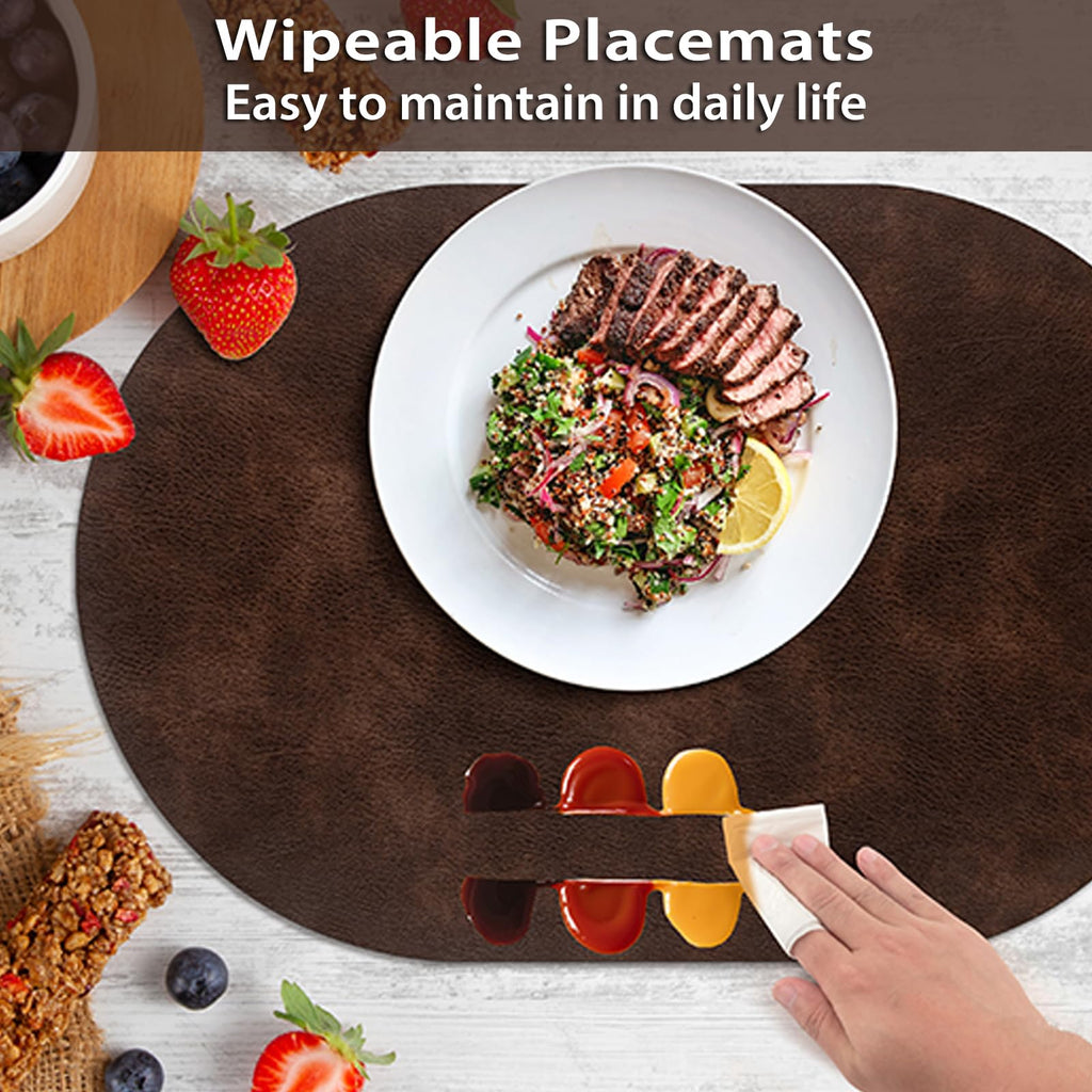 Oval Placemats Set of 4, Wipeable Faux Leather, Coffee