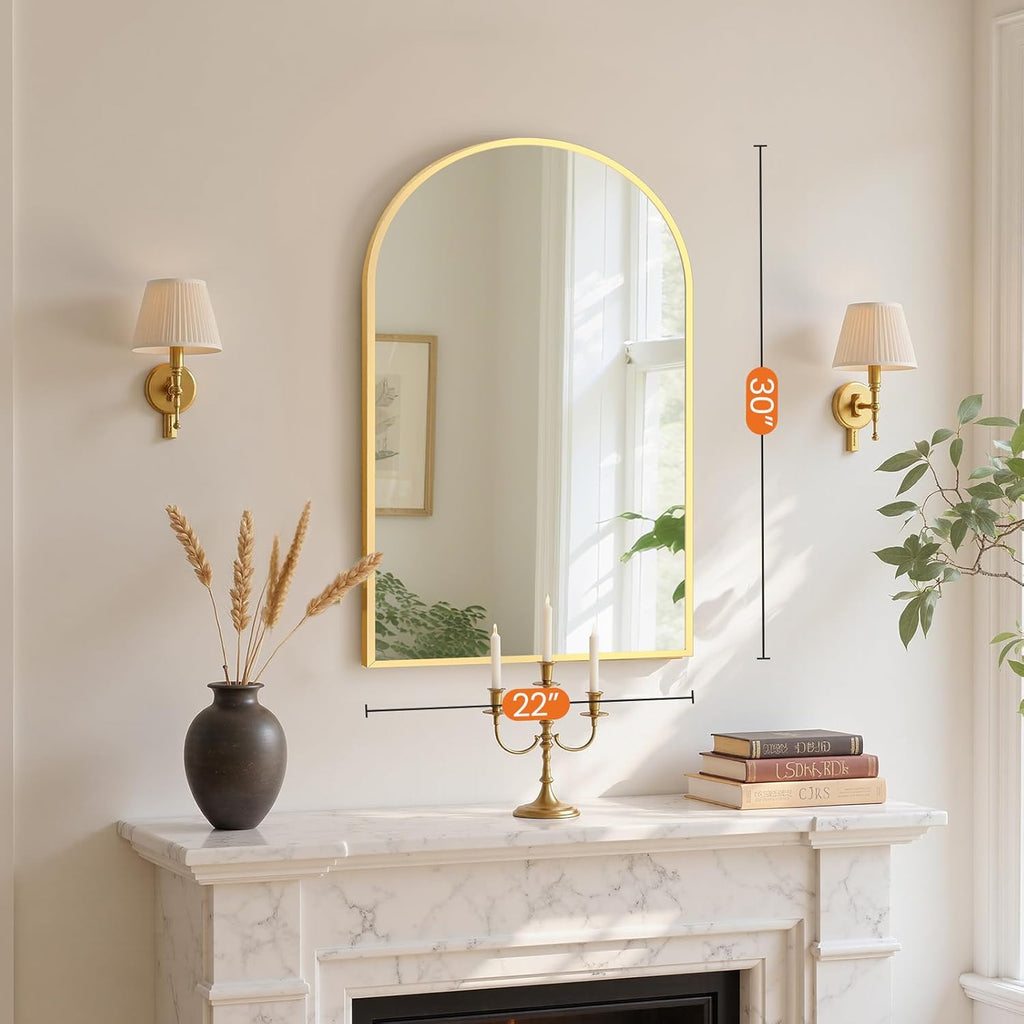 20"x30" Arched Gold Bathroom Mirrors for Wall, Bathroom Mirrors for Over Sink, Metal Framed with HD Shatter-Proof Glass