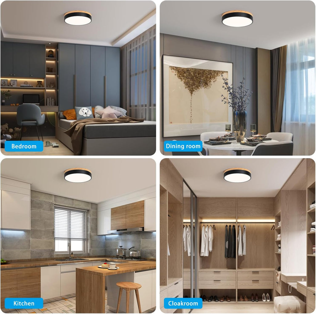 Dimmable Wood Flush Mount Ceiling Light Modern Black LED Ceiling Light Fixture 2700K-6000K Minimalist Round Close to