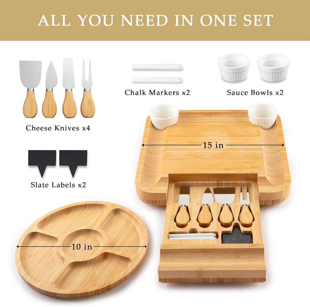 Premium Bamboo Charcuterie Board - Extra Thick Bamboo Board with 4 Piece Knife Set - Perfect for Charcuterie, Wine