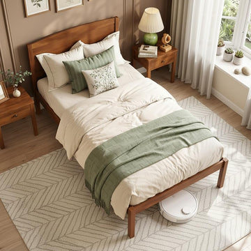 Twin Size Bed Frame, Wooden Platform Bed with Curved Headboard