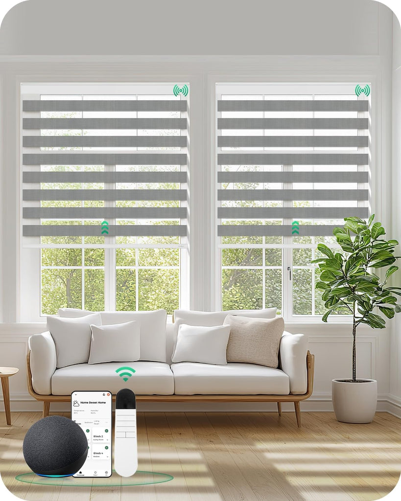 Motorized Zebra Blinds with Remote, Electric Dual-Layer Shad - Light Gray